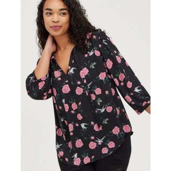 Torrid Black Roses Birds 3/4 Sleeve Lightweight Chiffon Blouse Size L - Picture 1 of 8